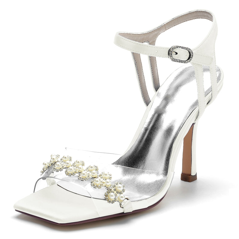 Bridal High Heel Wedding Shoes for Women with Transparent Straps and Delicate Pearl