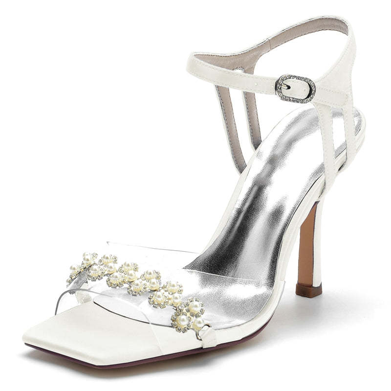 Bridal High Heel Wedding Shoes for Women with Transparent Straps and Delicate Pearl