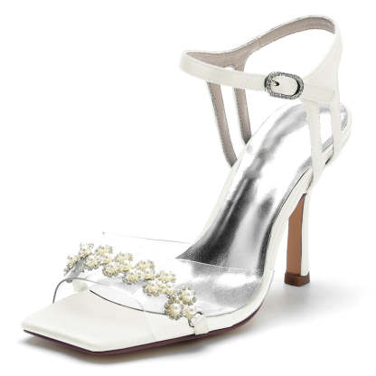 Bridal High Heel Wedding Shoes for Women with Transparent Straps and Delicate Pearl