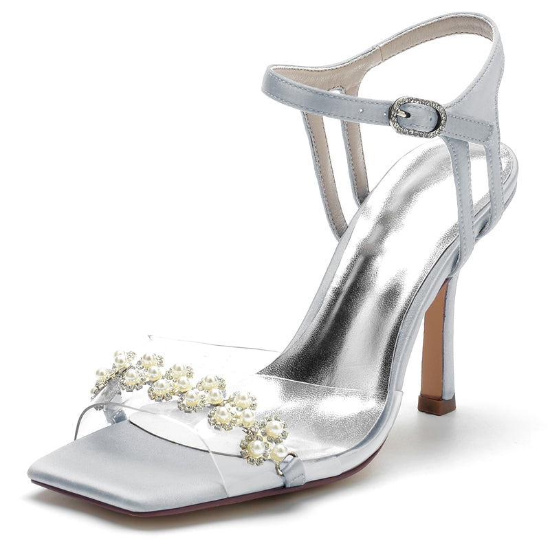 Bridal High Heel Wedding Shoes for Women with Transparent Straps and Delicate Pearl