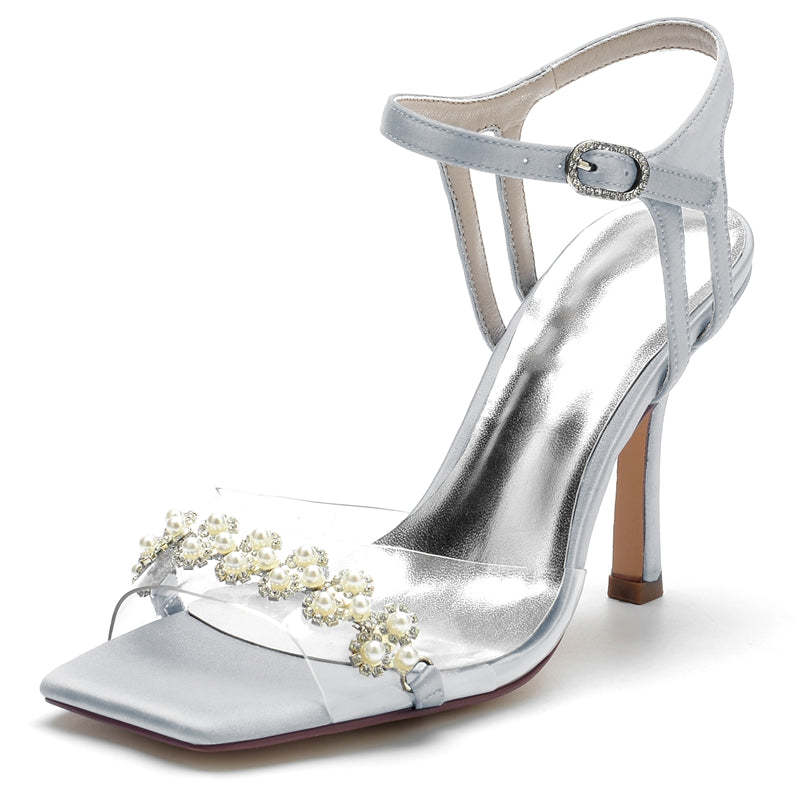 Bridal High Heel Wedding Shoes for Women with Transparent Straps and Delicate Pearl