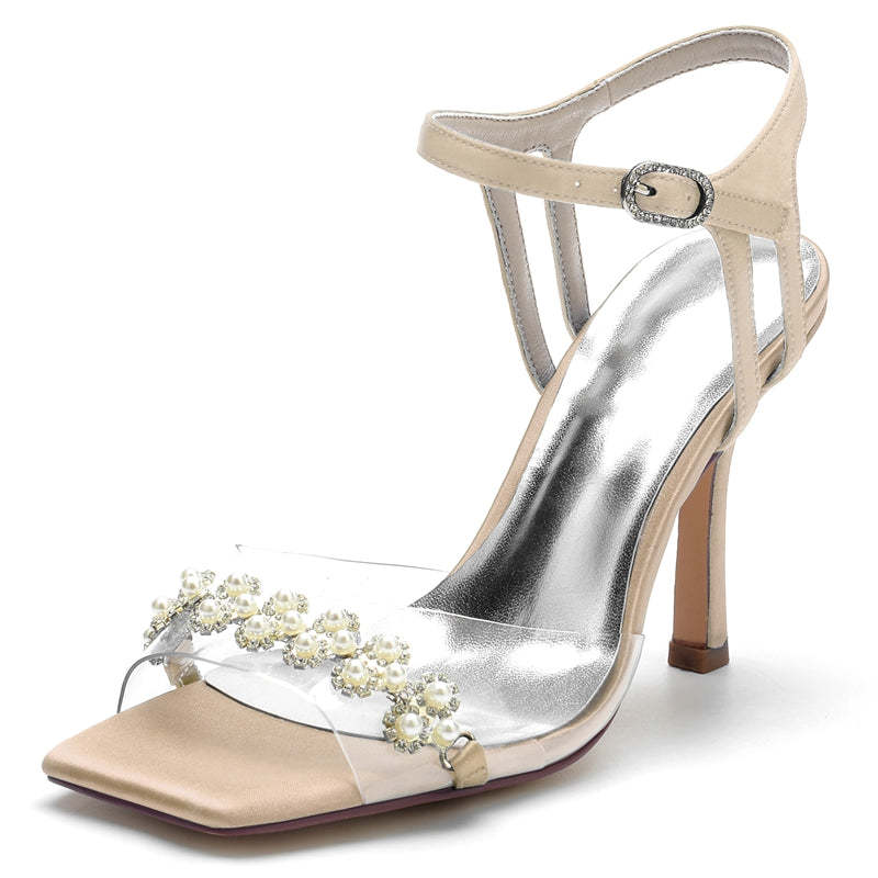Bridal High Heel Wedding Shoes for Women with Transparent Straps and Delicate Pearl