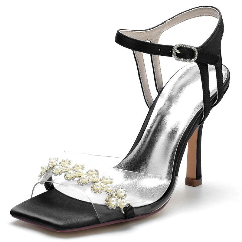 Bridal High Heel Wedding Shoes for Women with Transparent Straps and Delicate Pearl