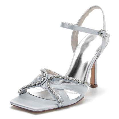 Vintage Bridal Shoes for Women with Stiletto Heel Square Toe and Rhinestone Buckle