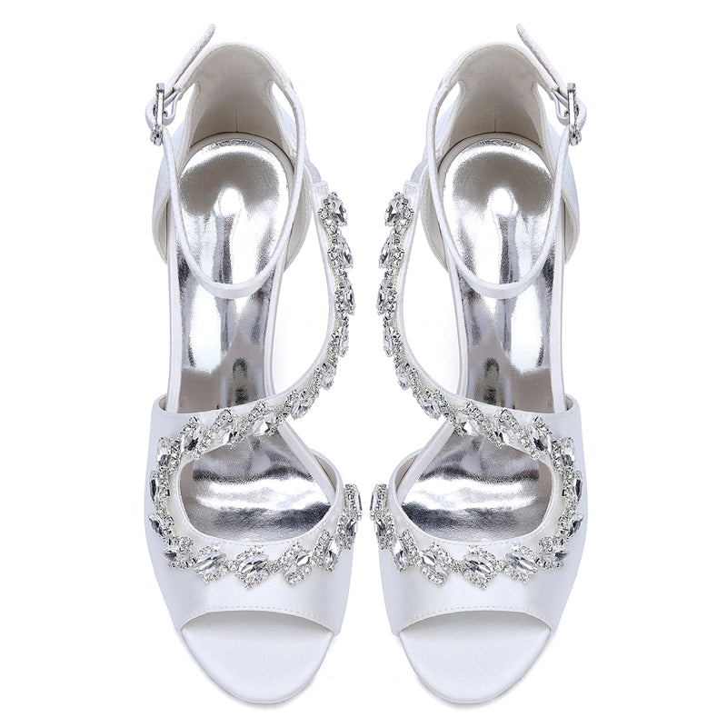 Bridal Shoes for Women with Peep Toe High Heel and Crystal-Adorned Ankle Strap