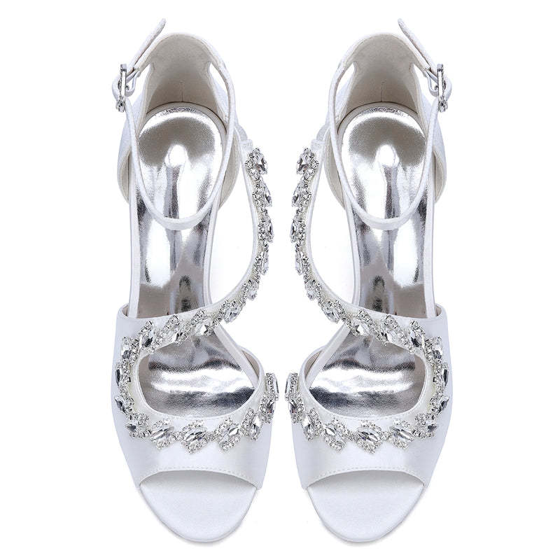 Bridal Shoes for Women with Peep Toe High Heel and Crystal-Adorned Ankle Strap