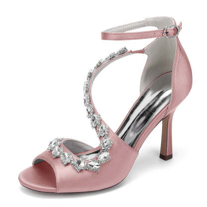 Bridal Shoes for Women with Peep Toe High Heel and Crystal-Adorned Ankle Strap