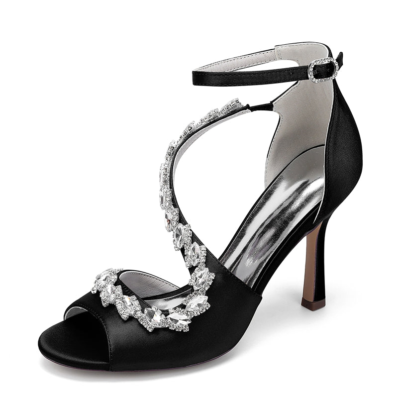 Bridal Shoes for Women with Peep Toe High Heel and Crystal-Adorned Ankle Strap