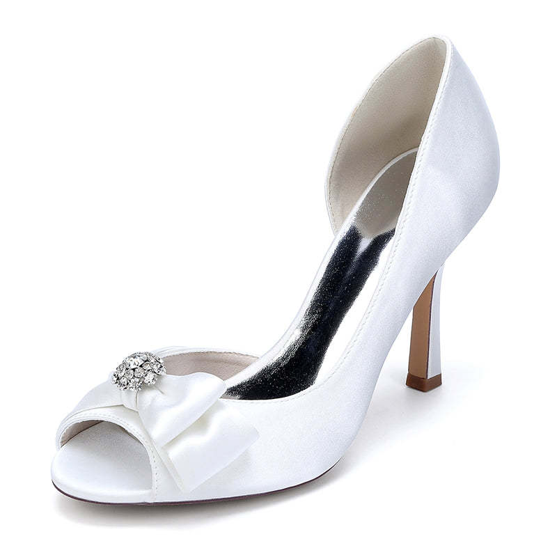 Bridal Stiletto Heel Shoes for Women with Rhinestones and Open Toe Bow