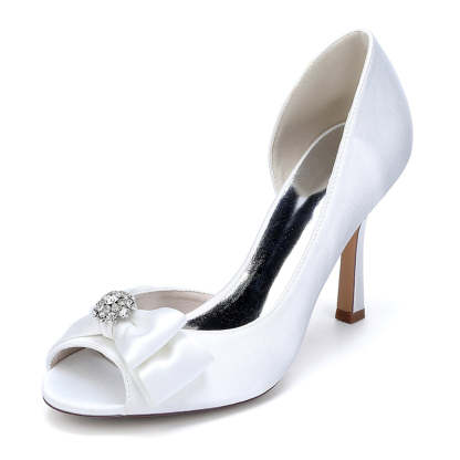Bridal Stiletto Heel Shoes for Women with Rhinestones and Open Toe Bow