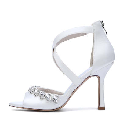 Bridal High Heel Shoes for Women with Crossed Straps and Shining Crystals Opened Toe