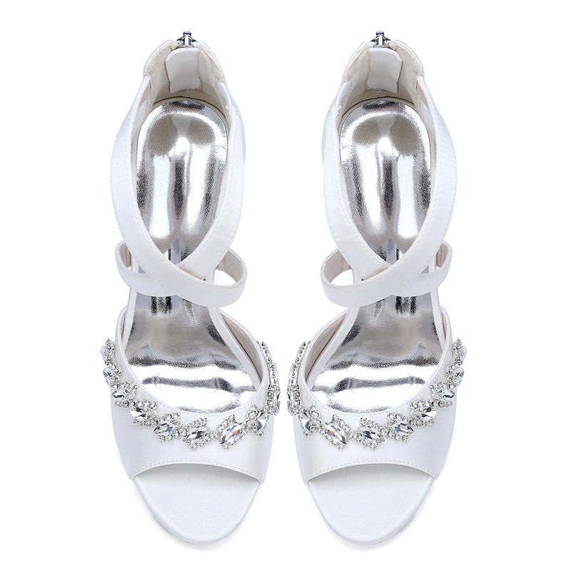 Bridal High Heel Shoes for Women with Crossed Straps and Shining Crystals Opened Toe