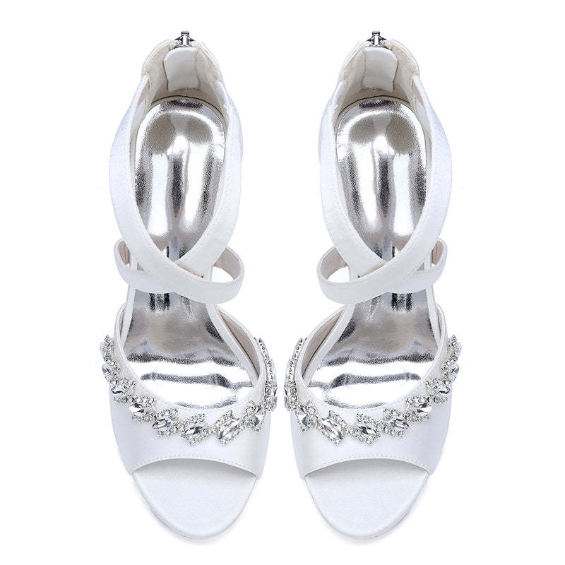 Bridal High Heel Shoes for Women with Crossed Straps and Shining Crystals Opened Toe