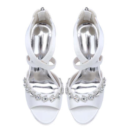 Bridal High Heel Shoes for Women with Crossed Straps and Shining Crystals Opened Toe
