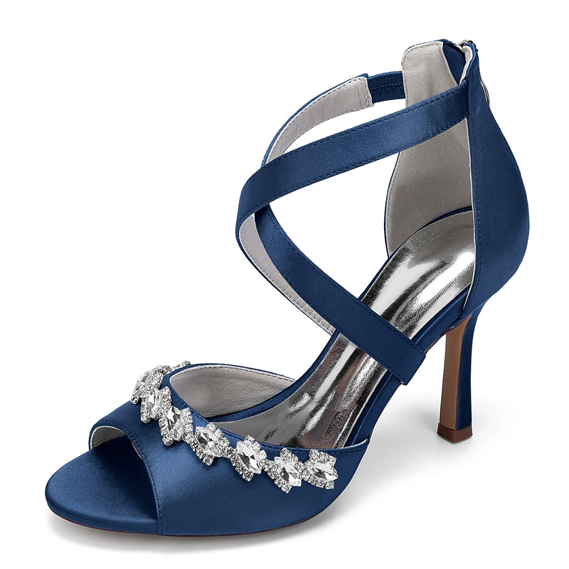 Bridal High Heel Shoes for Women with Crossed Straps and Shining Crystals Opened Toe