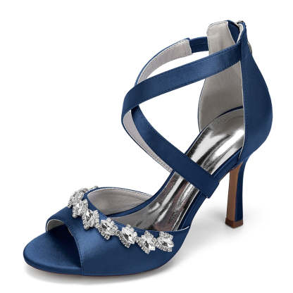 Bridal High Heel Shoes for Women with Crossed Straps and Shining Crystals Opened Toe