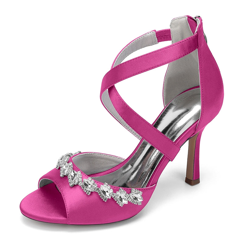 Bridal High Heel Shoes for Women with Crossed Straps and Shining Crystals Opened Toe