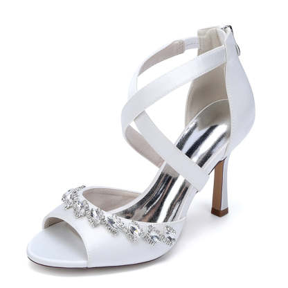 Bridal High Heel Shoes for Women with Crossed Straps and Shining Crystals Opened Toe