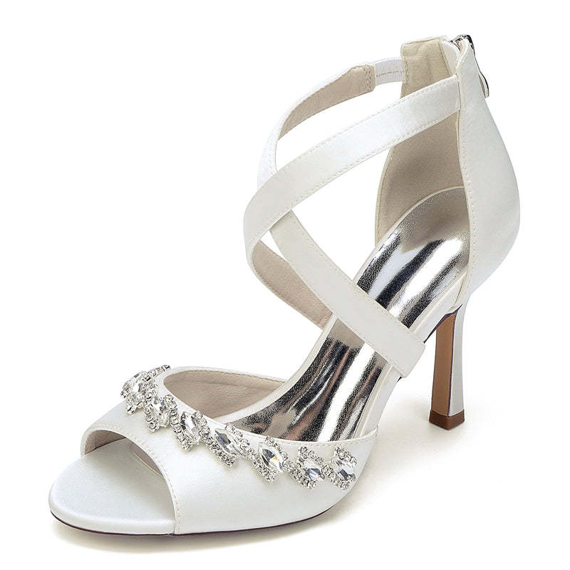Bridal High Heel Shoes for Women with Crossed Straps and Shining Crystals Opened Toe
