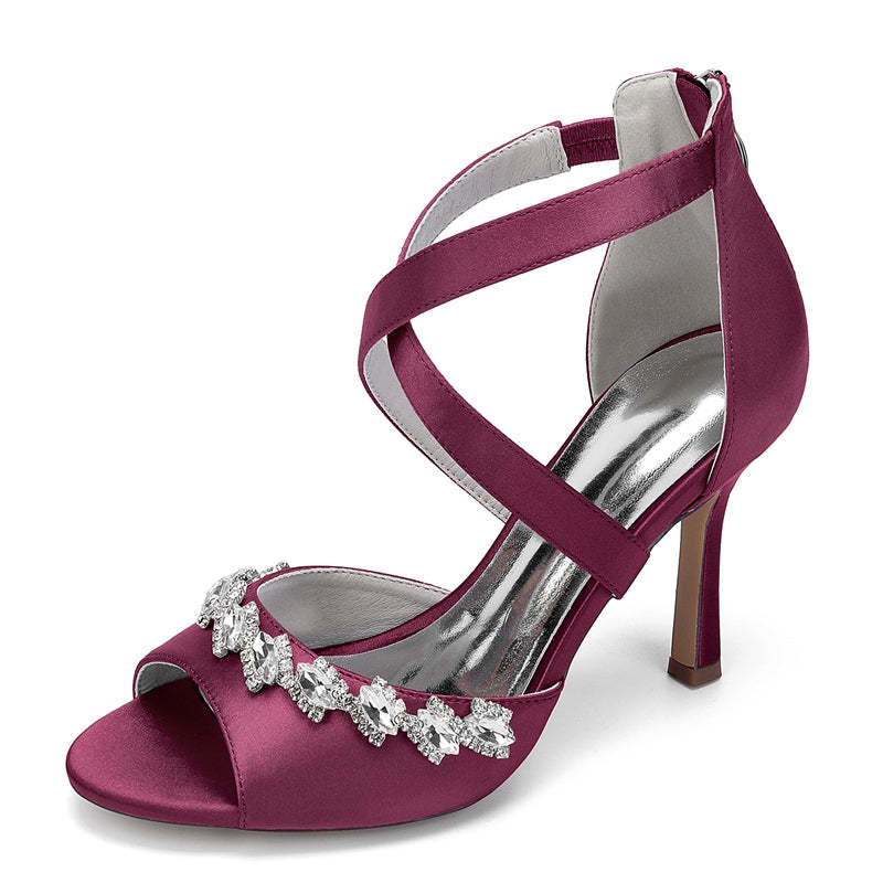 Bridal High Heel Shoes for Women with Crossed Straps and Shining Crystals Opened Toe