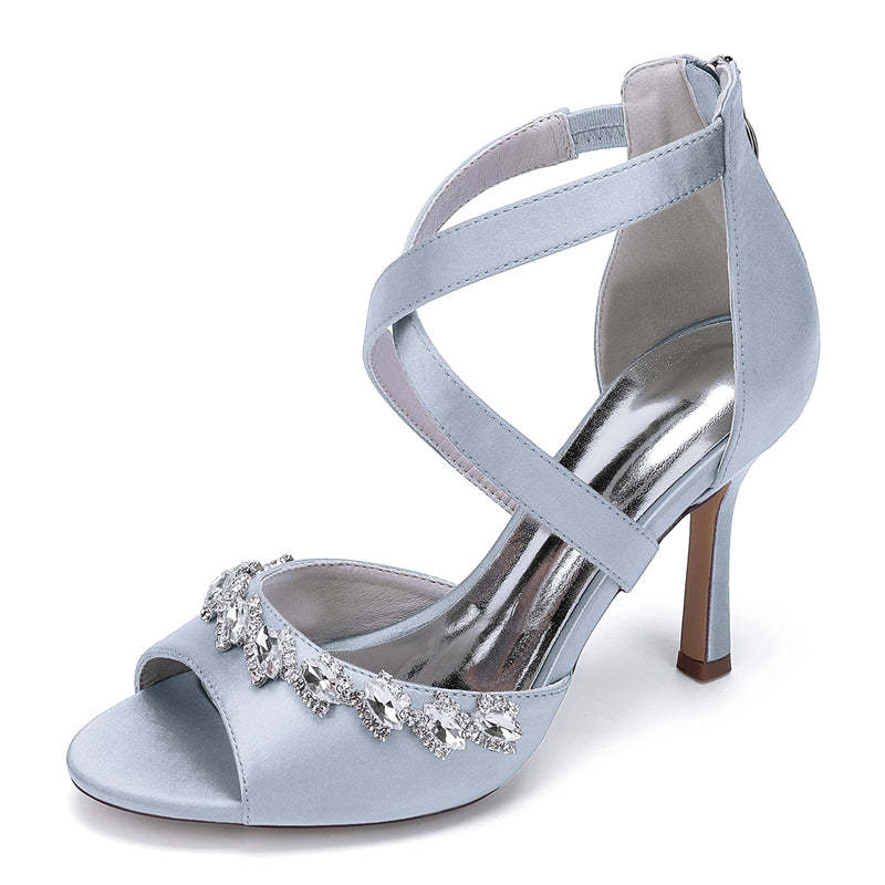 Bridal High Heel Shoes for Women with Crossed Straps and Shining Crystals Opened Toe