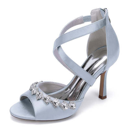 Bridal High Heel Shoes for Women with Crossed Straps and Shining Crystals Opened Toe