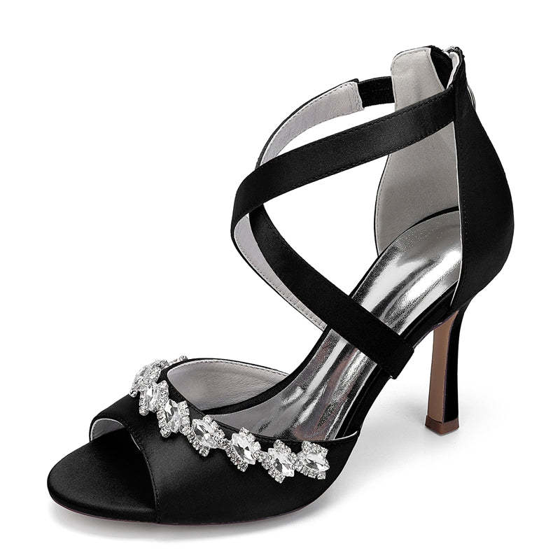 Bridal High Heel Shoes for Women with Crossed Straps and Shining Crystals Opened Toe