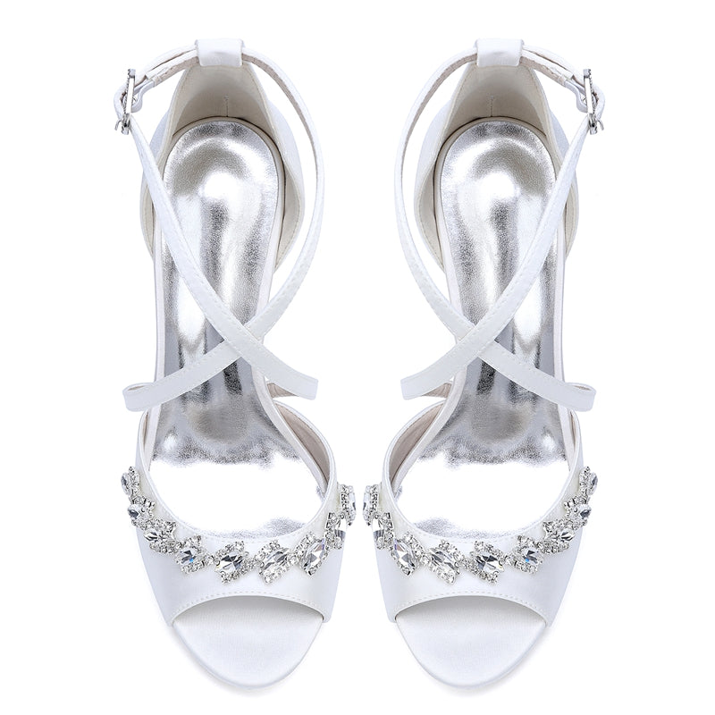 Bridal Shoes for Women with Peep Toe High Heel and Crystal-Adorned Crossed Straps