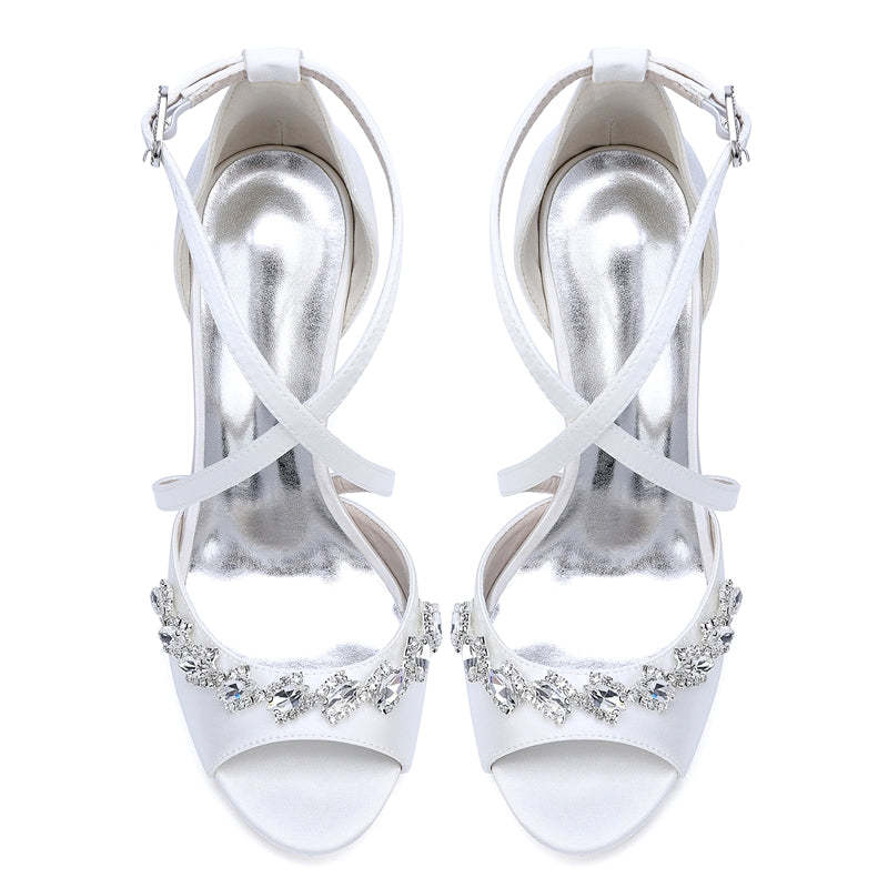 Bridal Shoes for Women with Peep Toe High Heel and Crystal-Adorned Crossed Straps