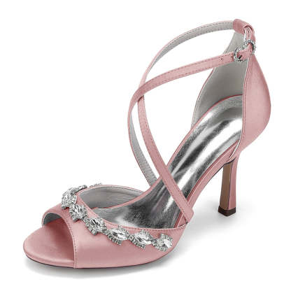 Bridal Shoes for Women with Peep Toe High Heel and Crystal-Adorned Crossed Straps