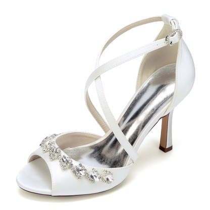 Bridal Shoes for Women with Peep Toe High Heel and Crystal-Adorned Crossed Straps