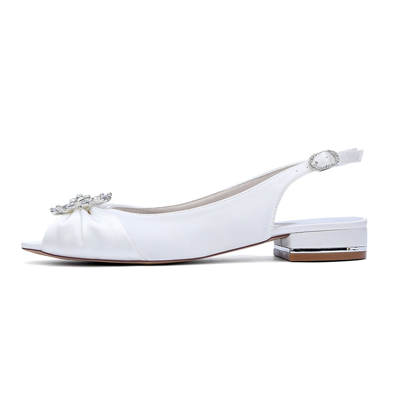 Bridal Shoes for Women with Floral Crystals Low Heel Peep Toe and Buckle