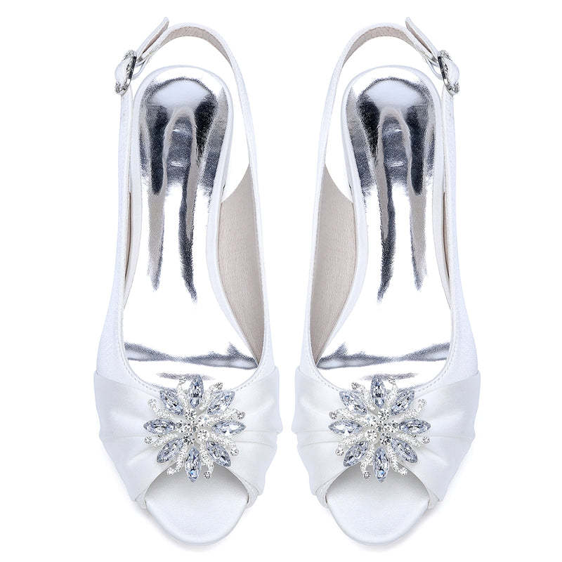 Bridal Shoes for Women with Floral Crystals Low Heel Peep Toe and Buckle