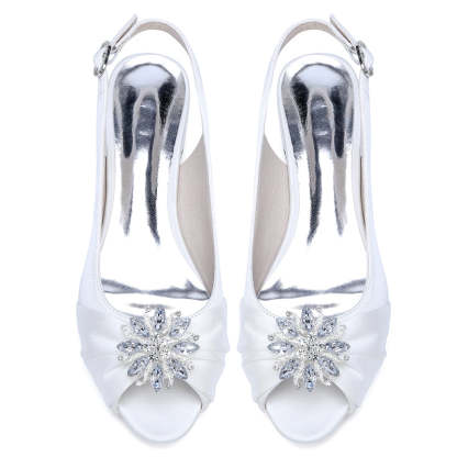 Bridal Shoes for Women with Floral Crystals Low Heel Peep Toe and Buckle