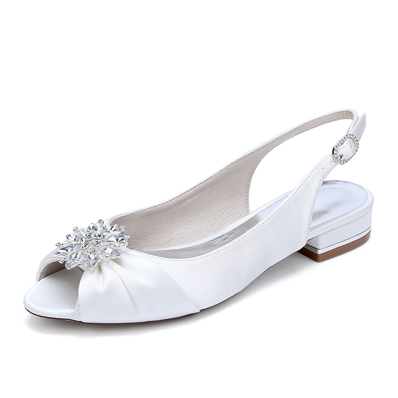 Bridal Shoes for Women with Floral Crystals Low Heel Peep Toe and Buckle