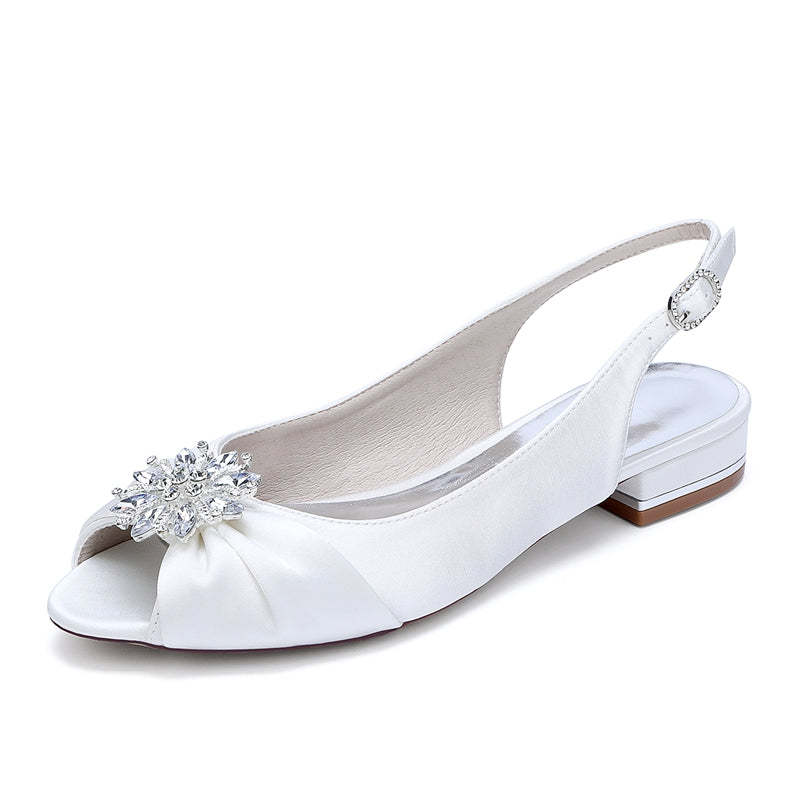 Bridal Shoes for Women with Floral Crystals Low Heel Peep Toe and Buckle