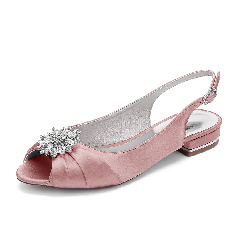 Bridal Shoes for Women with Floral Crystals Low Heel Peep Toe and Buckle