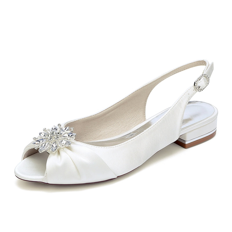 Bridal Shoes for Women with Floral Crystals Low Heel Peep Toe and Buckle