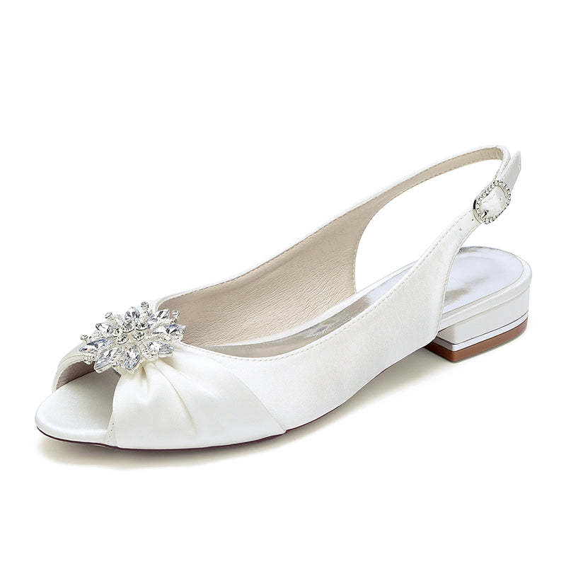 Bridal Shoes for Women with Floral Crystals Low Heel Peep Toe and Buckle