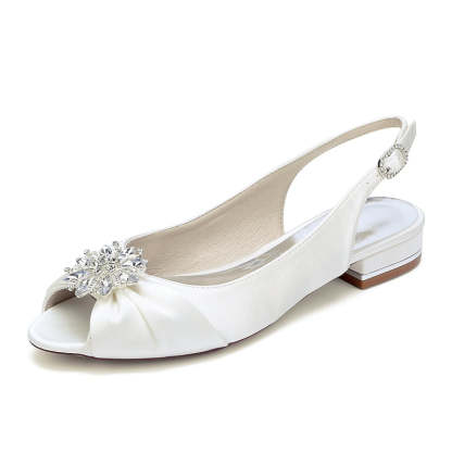 Bridal Shoes for Women with Floral Crystals Low Heel Peep Toe and Buckle