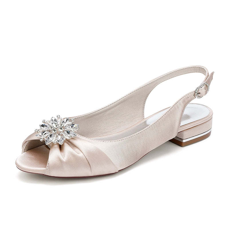 Bridal Shoes for Women with Floral Crystals Low Heel Peep Toe and Buckle