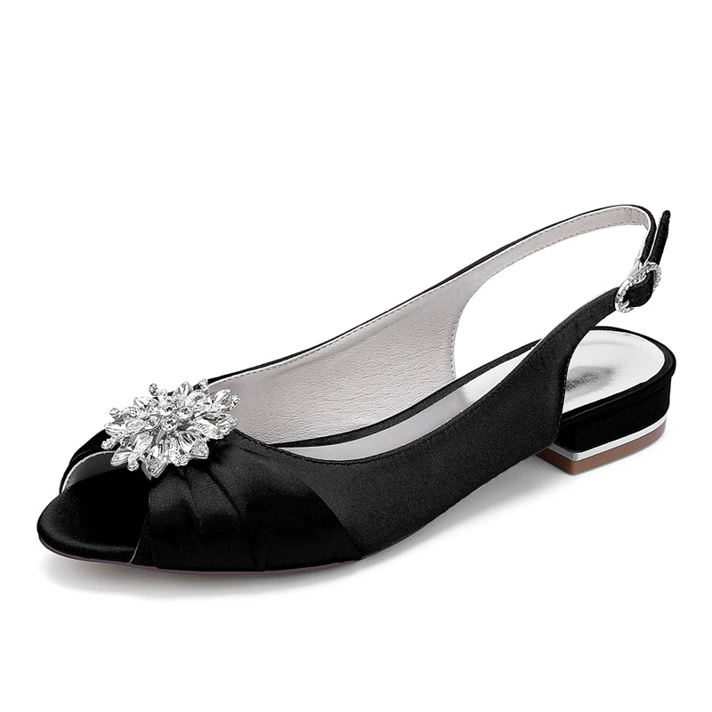Bridal Shoes for Women with Floral Crystals Low Heel Peep Toe and Buckle