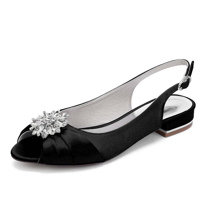 Bridal Shoes for Women with Floral Crystals Low Heel Peep Toe and Buckle
