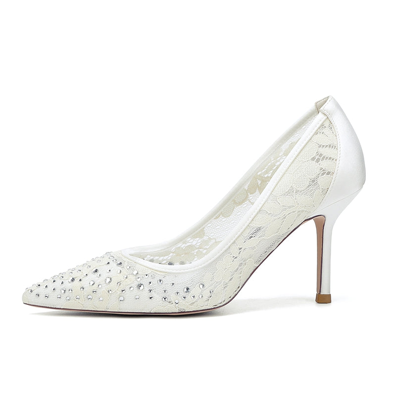 Bridal Shoes for Women with Crystals Lace Pointed Toe and Stiletto Heel