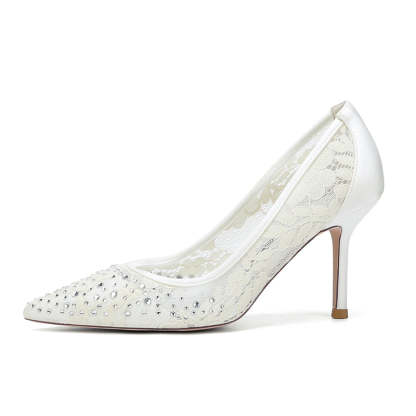 Bridal Shoes for Women with Crystals Lace Pointed Toe and Stiletto Heel