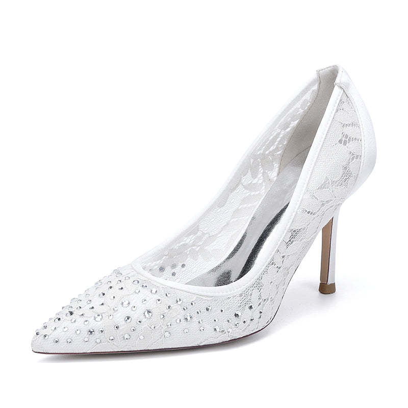 Bridal Shoes for Women with Crystals Lace Pointed Toe and Stiletto Heel