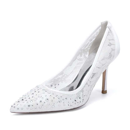 Bridal Shoes for Women with Crystals Lace Pointed Toe and Stiletto Heel