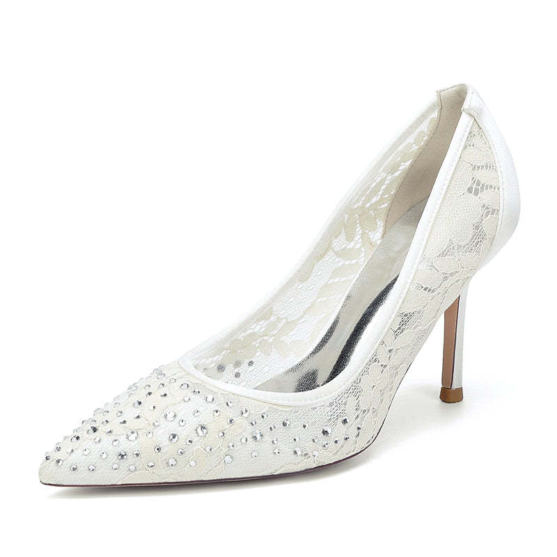 Bridal Shoes for Women with Crystals Lace Pointed Toe and Stiletto Heel