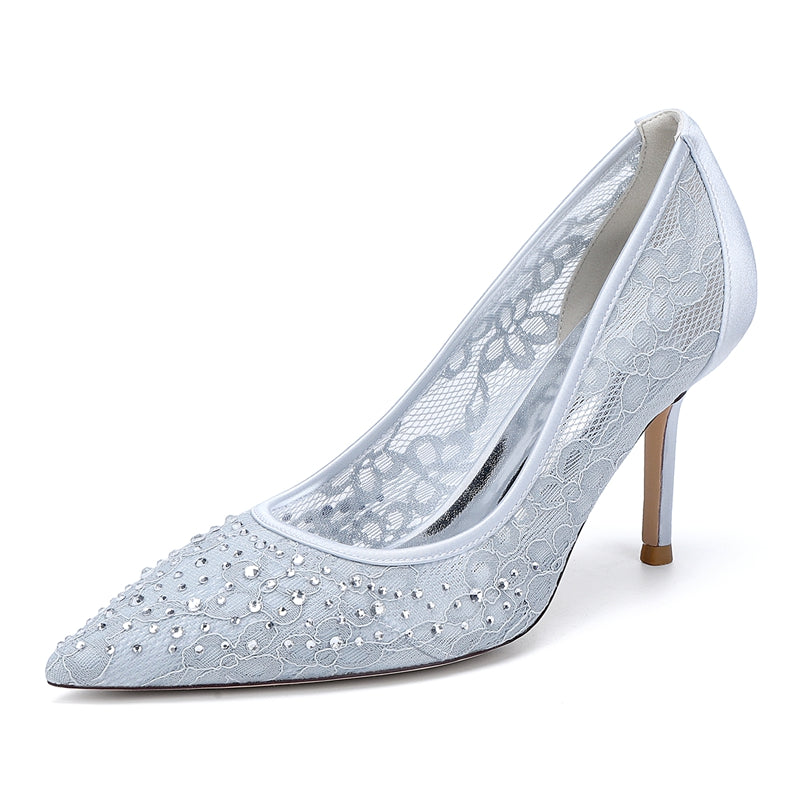Bridal Shoes for Women with Crystals Lace Pointed Toe and Stiletto Heel