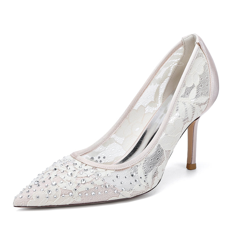 Bridal Shoes for Women with Crystals Lace Pointed Toe and Stiletto Heel